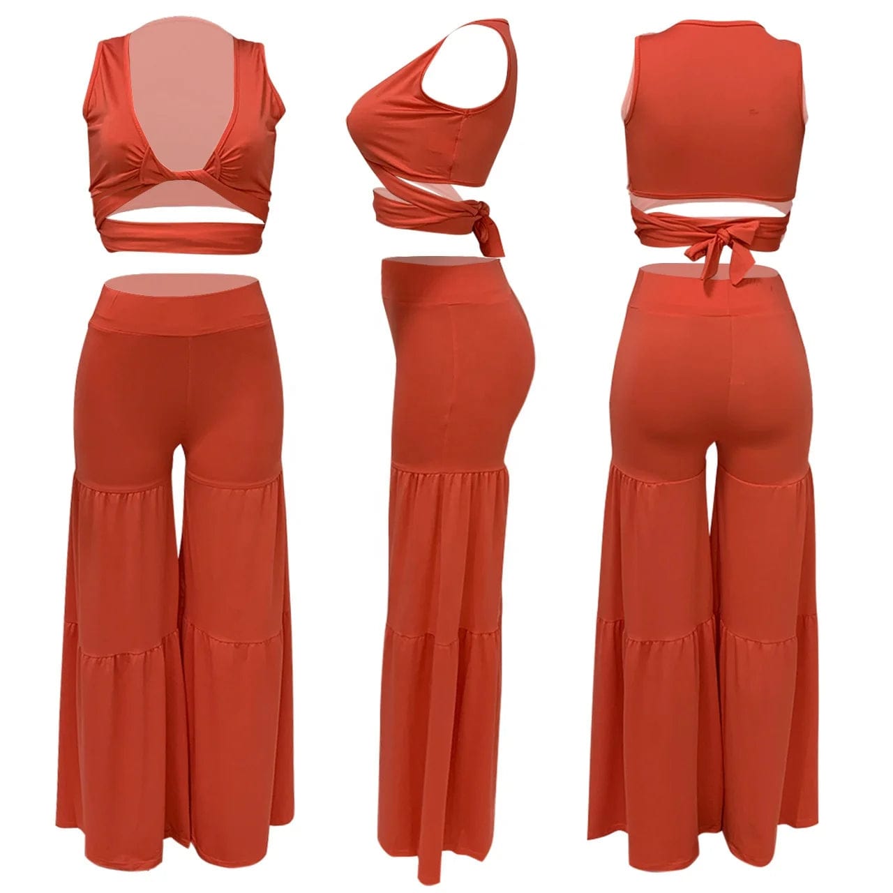 New Sexy Bundled Vest Top V-Neck Pleated Solid Color Summer Casual Women Mid-Waist Stitching Wide-Leg Two Piece Pants Set