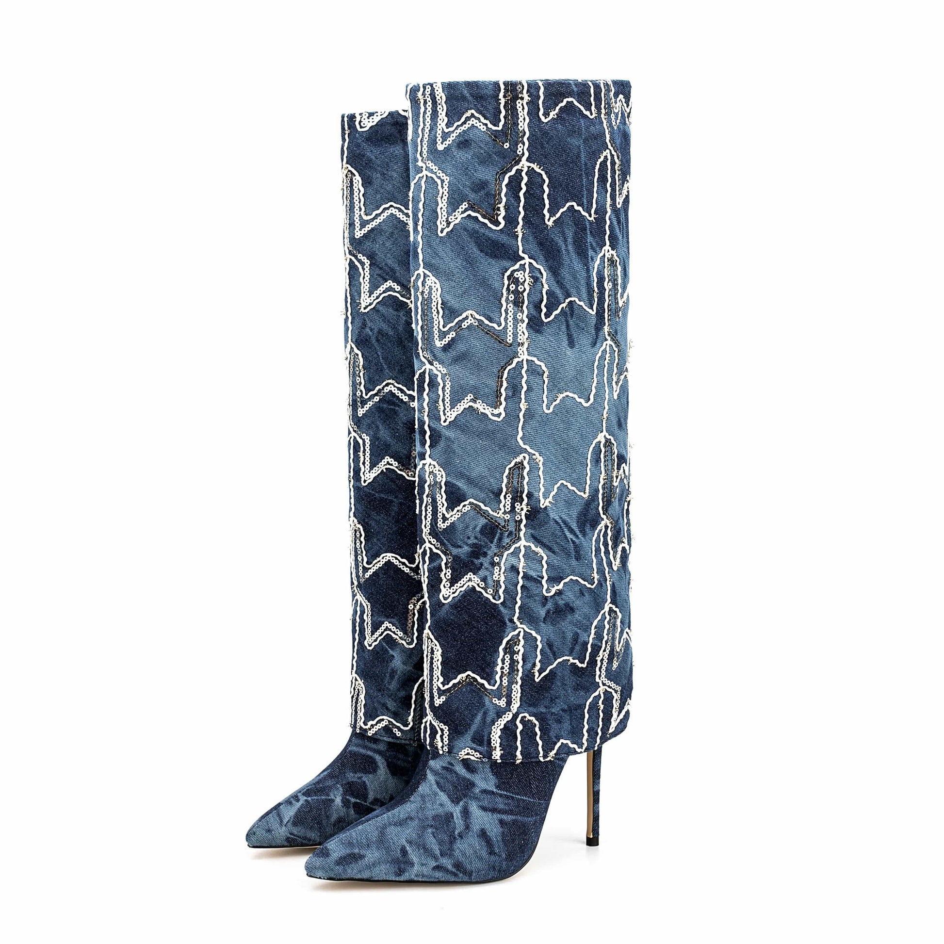 New Shoes Women High Heel Wash Denim Knee High Boots For Women Electric Embroidered Skirt Sleeve Knee High Boots For Women