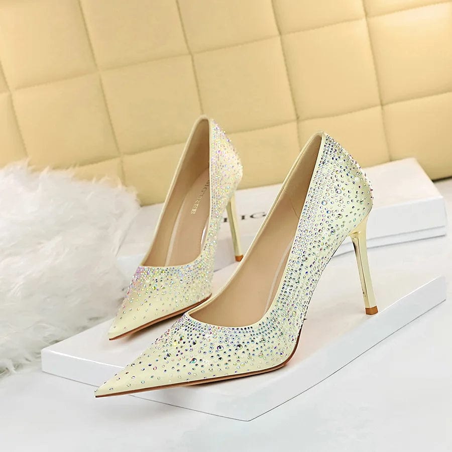 New Spring Women Pumps Luxury Shiny Rhinestone Decor Silk Satin Shoes Pointed-toe Shallow Thin Heeled Pumps Ladies Banquet Shoes