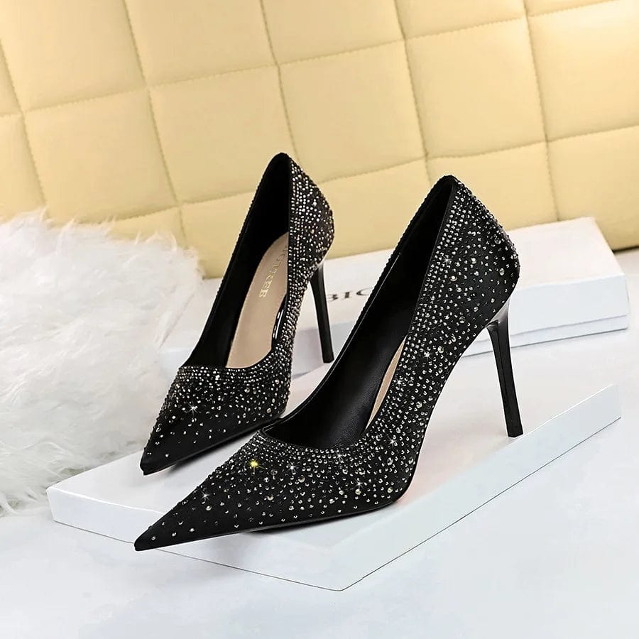 New Spring Women Pumps Luxury Shiny Rhinestone Decor Silk Satin Shoes Pointed-toe Shallow Thin Heeled Pumps Ladies Banquet Shoes
