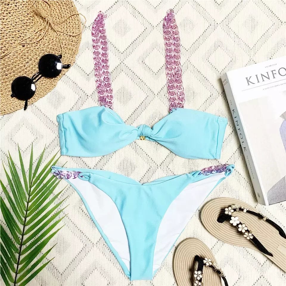 New Style Chain Bikini Set Solid white beachwear wholesale Women Swimwear 2024 Summer Beach Bathsuit Outlet Bandeau Swim Suit