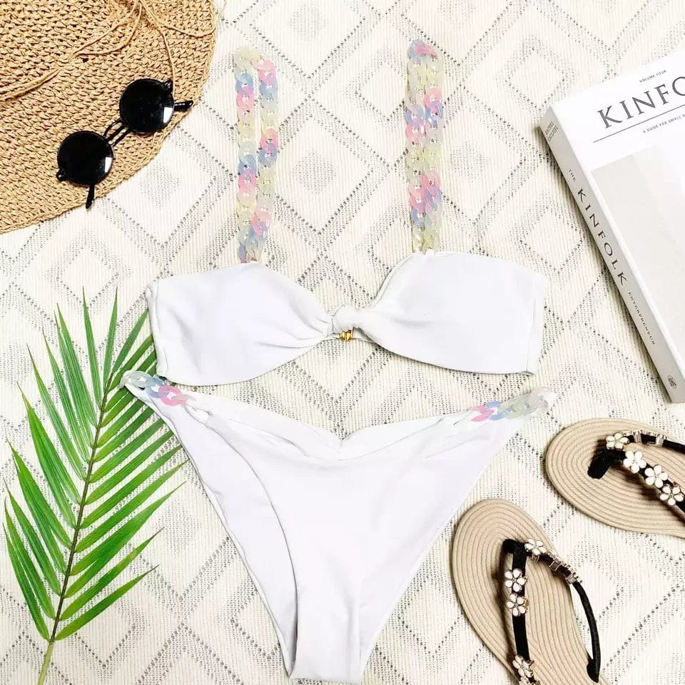 New Style Chain Bikini Set Solid white beachwear wholesale Women Swimwear 2024 Summer Beach Bathsuit Outlet Bandeau Swim Suit