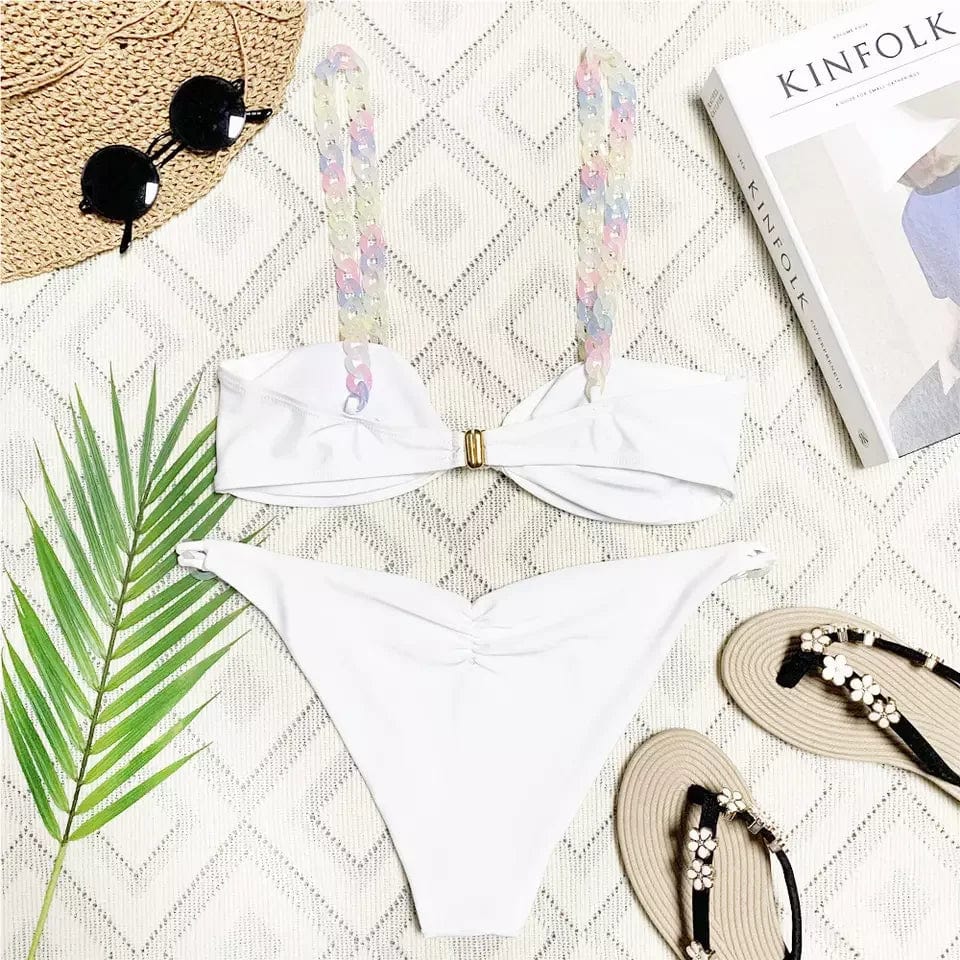 New Style Chain Bikini Set Solid white beachwear wholesale Women Swimwear 2024 Summer Beach Bathsuit Outlet Bandeau Swim Suit