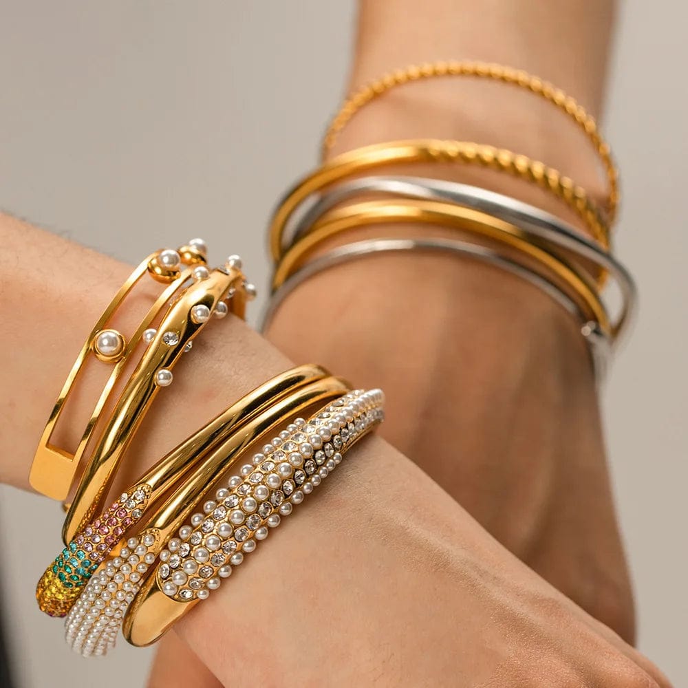 New Style Waterproof 18K Gold Plated Stainless Steel Jewelry Party Gift Wide Opening Texture Bracelet for Women