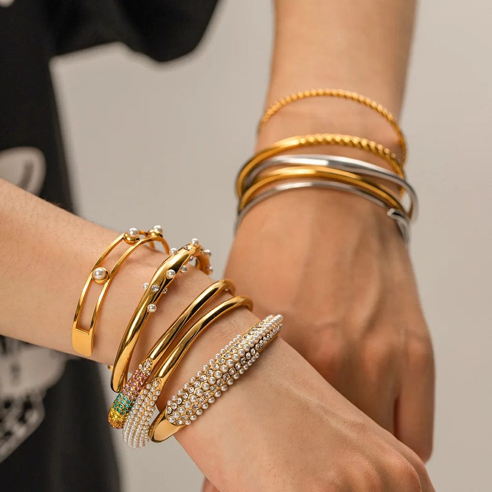 New Style Waterproof 18K Gold Plated Stainless Steel Jewelry Party Gift Wide Opening Texture Bracelet for Women