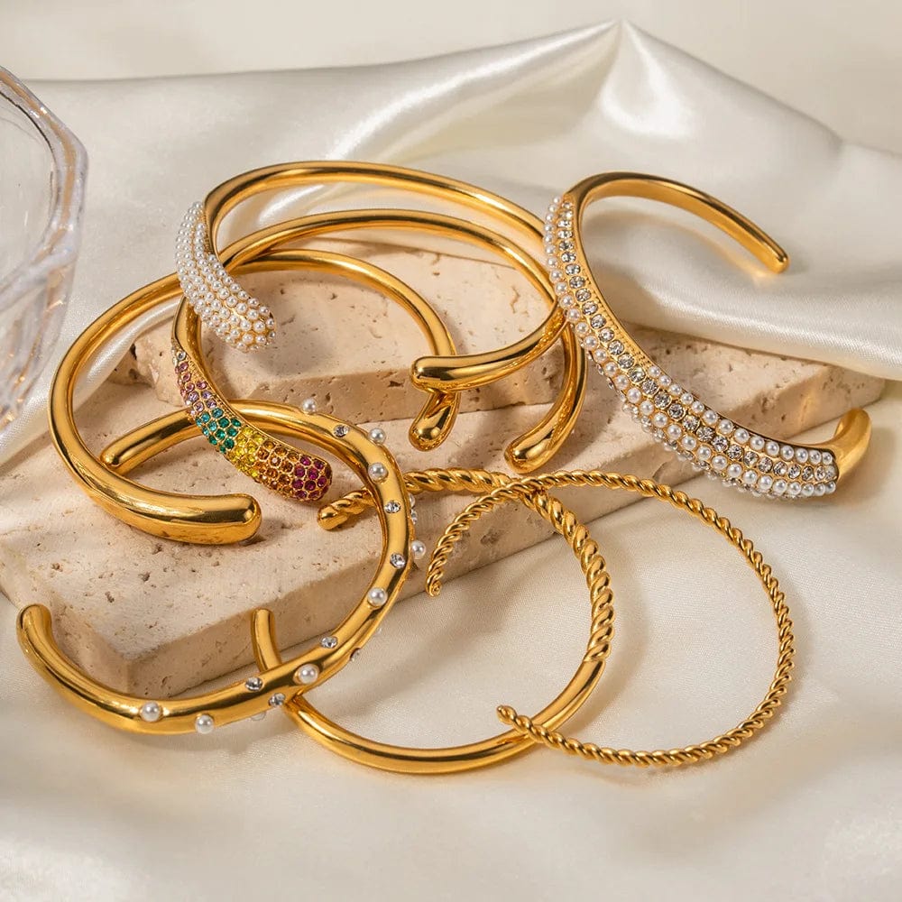 New Style Waterproof 18K Gold Plated Stainless Steel Jewelry Party Gift Wide Opening Texture Bracelet for Women