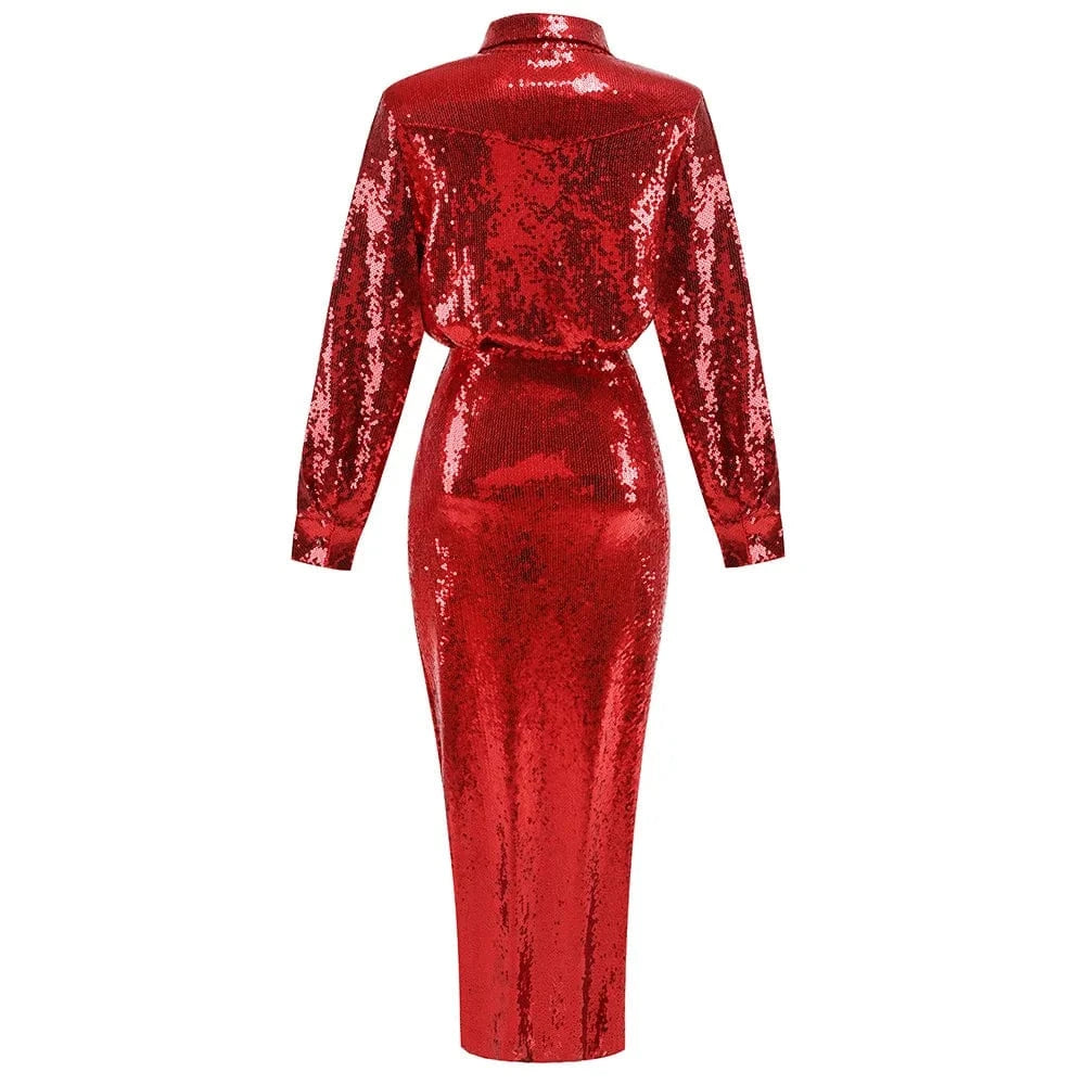 New Style Women Celebrity Lapel Fashion Sequined Long-sleeved Top Slim Sexy Slit Skirt Two-piece Elegant Urban Women's Wear