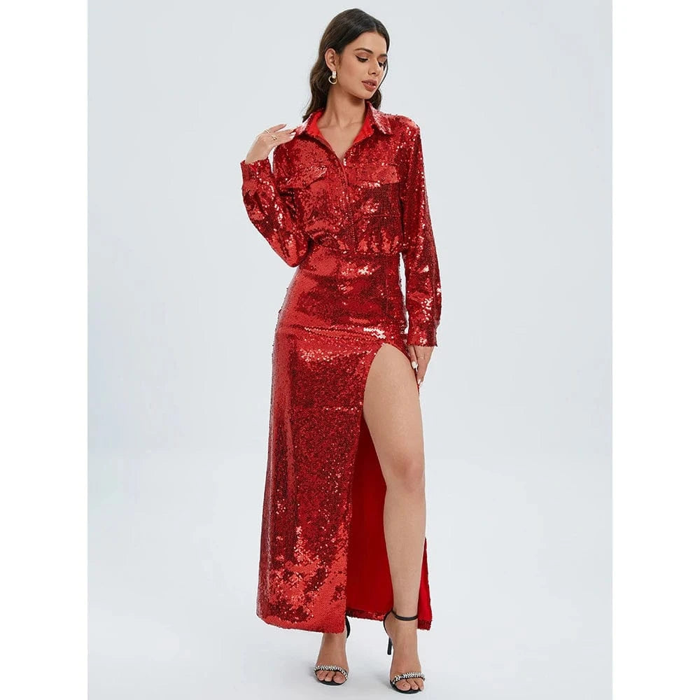 New Style Women Celebrity Lapel Fashion Sequined Long-sleeved Top Slim Sexy Slit Skirt Two-piece Elegant Urban Women's Wear