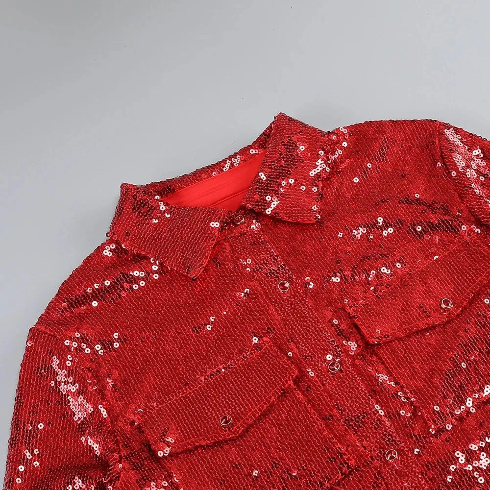 New Style Women Celebrity Lapel Fashion Sequined Long-sleeved Top Slim Sexy Slit Skirt Two-piece Elegant Urban Women's Wear