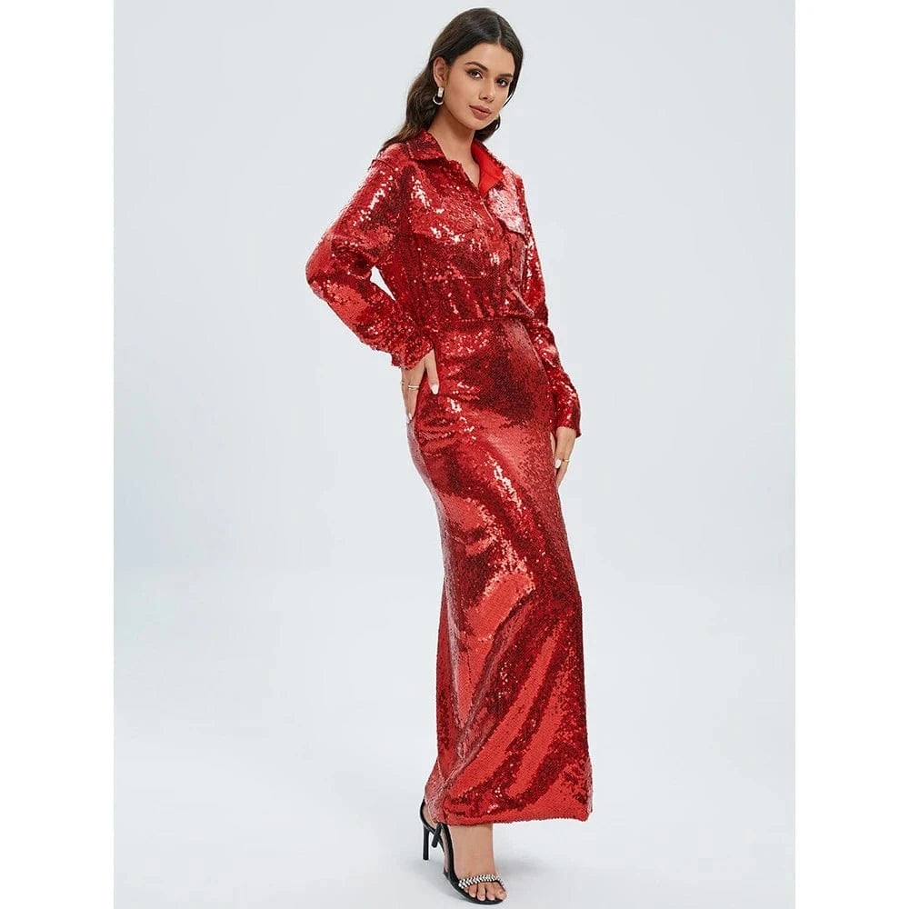 New Style Women Celebrity Lapel Fashion Sequined Long-sleeved Top Slim Sexy Slit Skirt Two-piece Elegant Urban Women's Wear