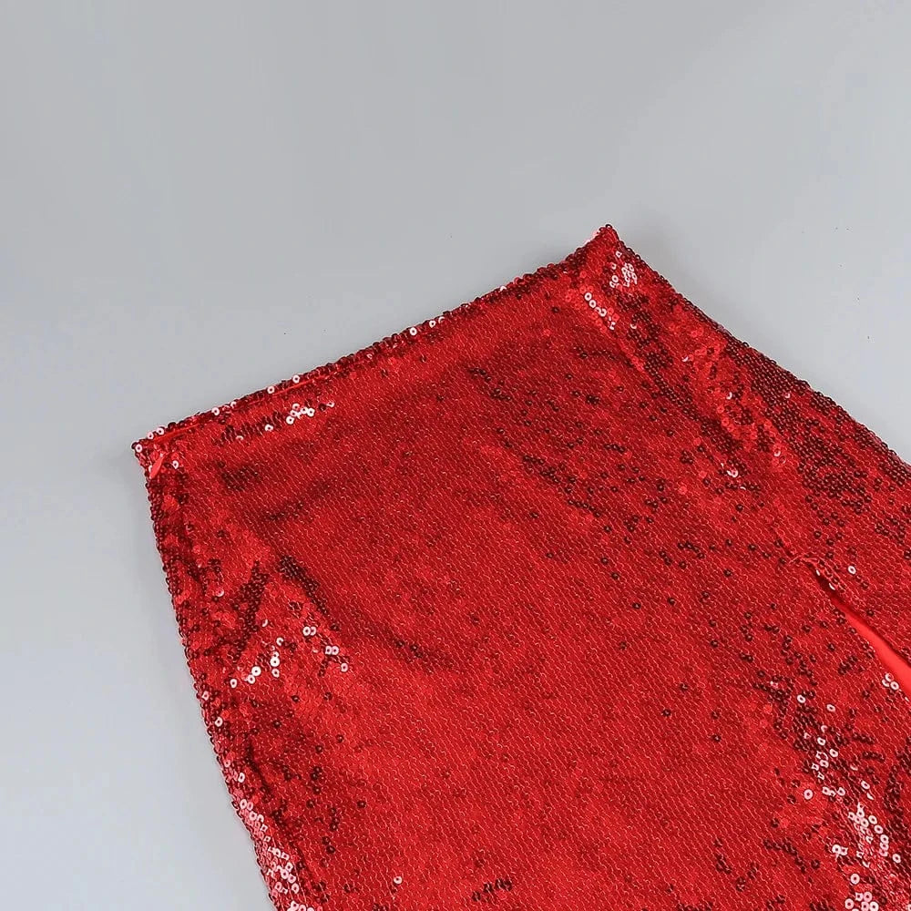 New Style Women Celebrity Lapel Fashion Sequined Long-sleeved Top Slim Sexy Slit Skirt Two-piece Elegant Urban Women's Wear