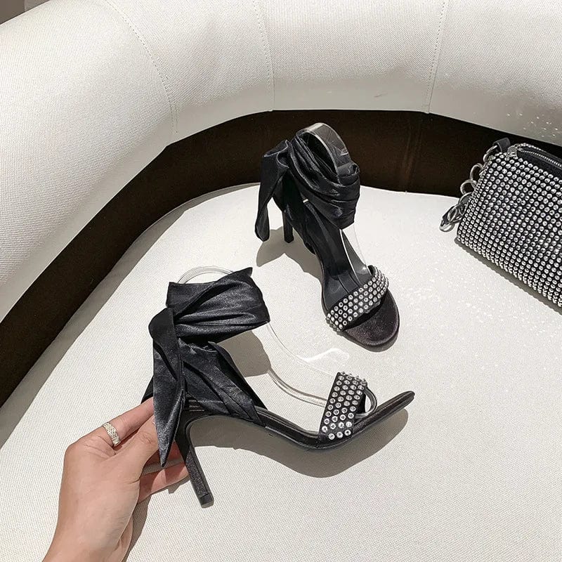 New Summer Autumn Women High Heels Stilettos Female Rhinestone Lace-up Bowknot Sandals Sexy Party Dress Shoes Lady
