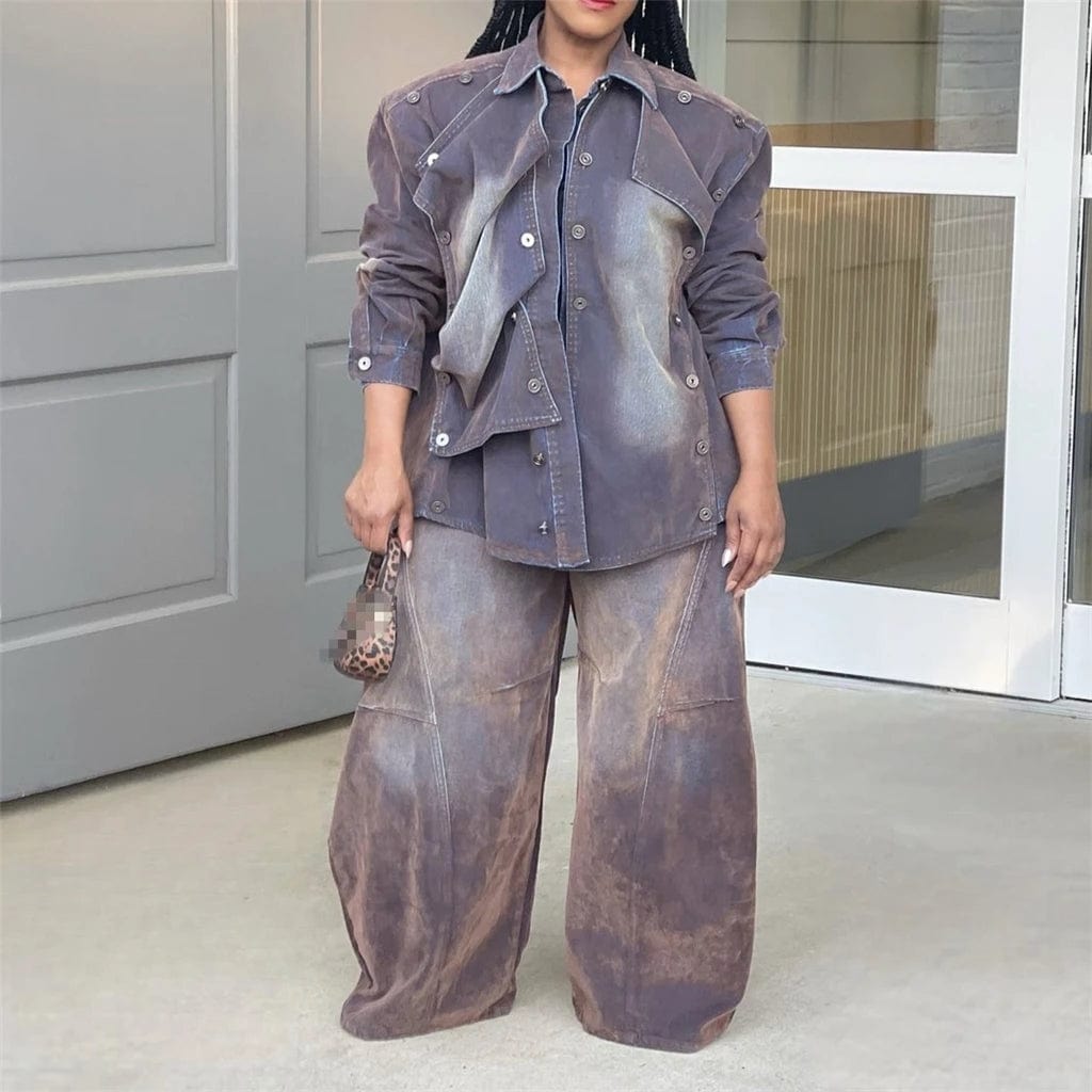 New Unique Casual Fashion Fall Winter Lady Button Washed Cargo Denim Jeans Top Two Piece Pants Set Matching Sets Women'S Sets
