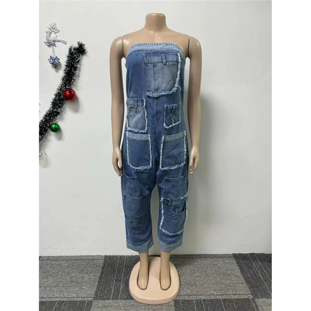 New Unique Fashion Casual Sexy Summer Jumpsuit Sleeveless One Piece Pocket Denim Jeans Jumpsuit Woman Lady Jumpsuit For Women