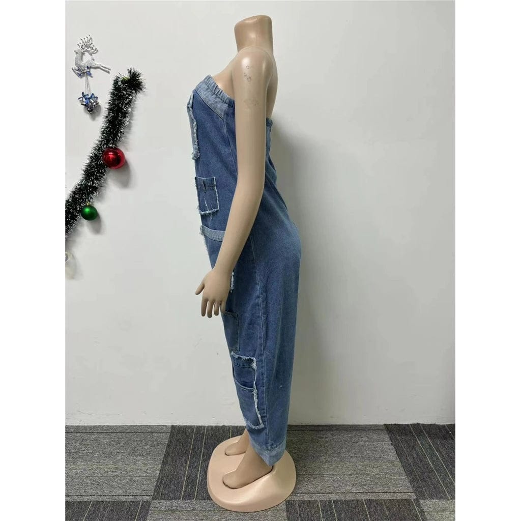 New Unique Fashion Casual Sexy Summer Jumpsuit Sleeveless One Piece Pocket Denim Jeans Jumpsuit Woman Lady Jumpsuit For Women