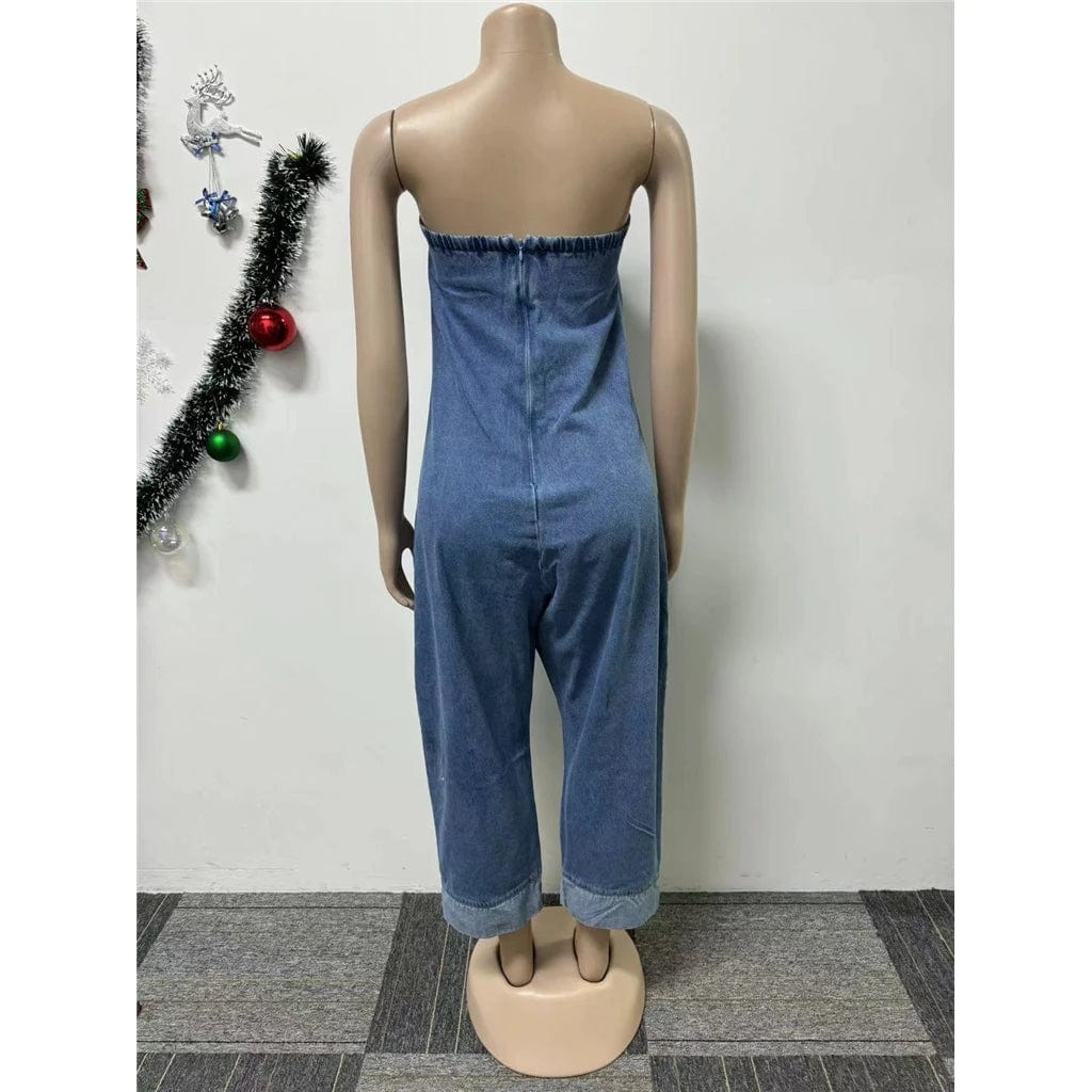 New Unique Fashion Casual Sexy Summer Jumpsuit Sleeveless One Piece Pocket Denim Jeans Jumpsuit Woman Lady Jumpsuit For Women