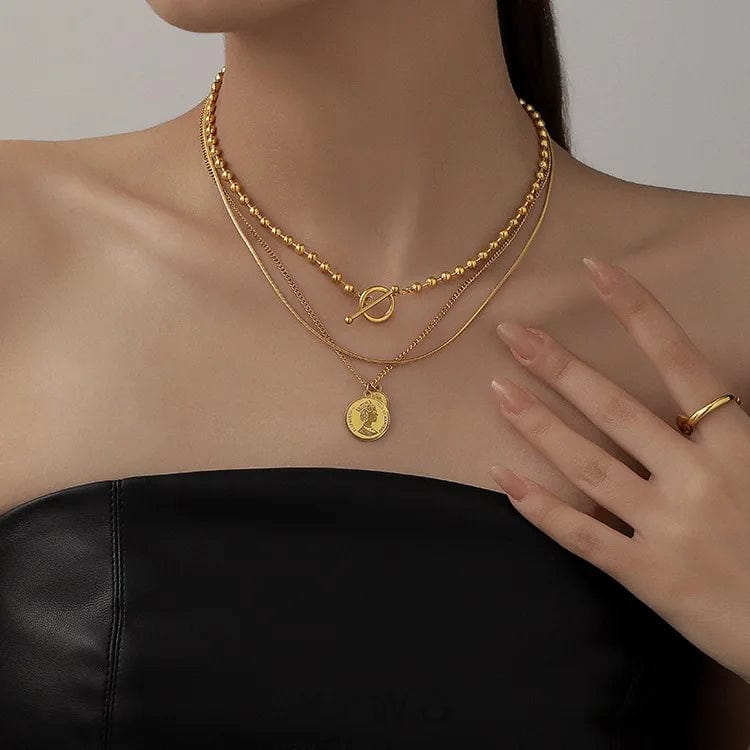 NEW Vintage Gold Cuban Chain Multilayer Overlay Stainless Steel Necklace Butterfly Coin Pendant Pearl Tassel For Women Necklace