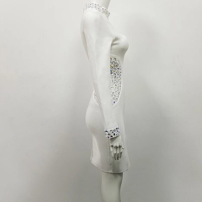 New White Long Sleeve Beading Women Celebrity Evening Party Clubwear Bodycon Dress