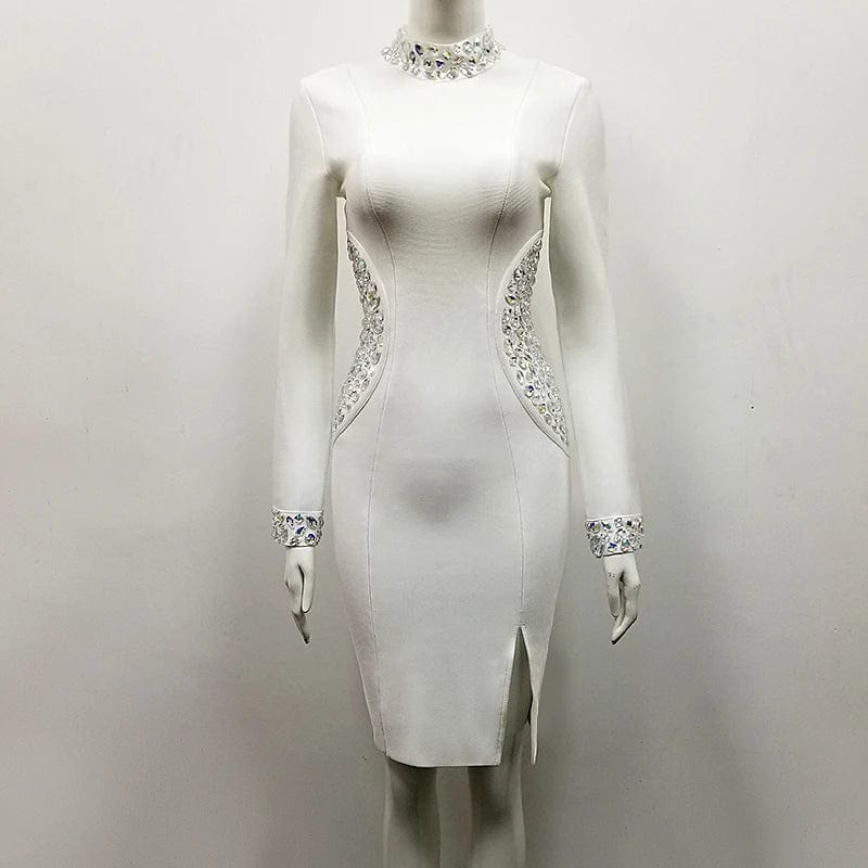 New White Long Sleeve Beading Women Celebrity Evening Party Clubwear Bodycon Dress