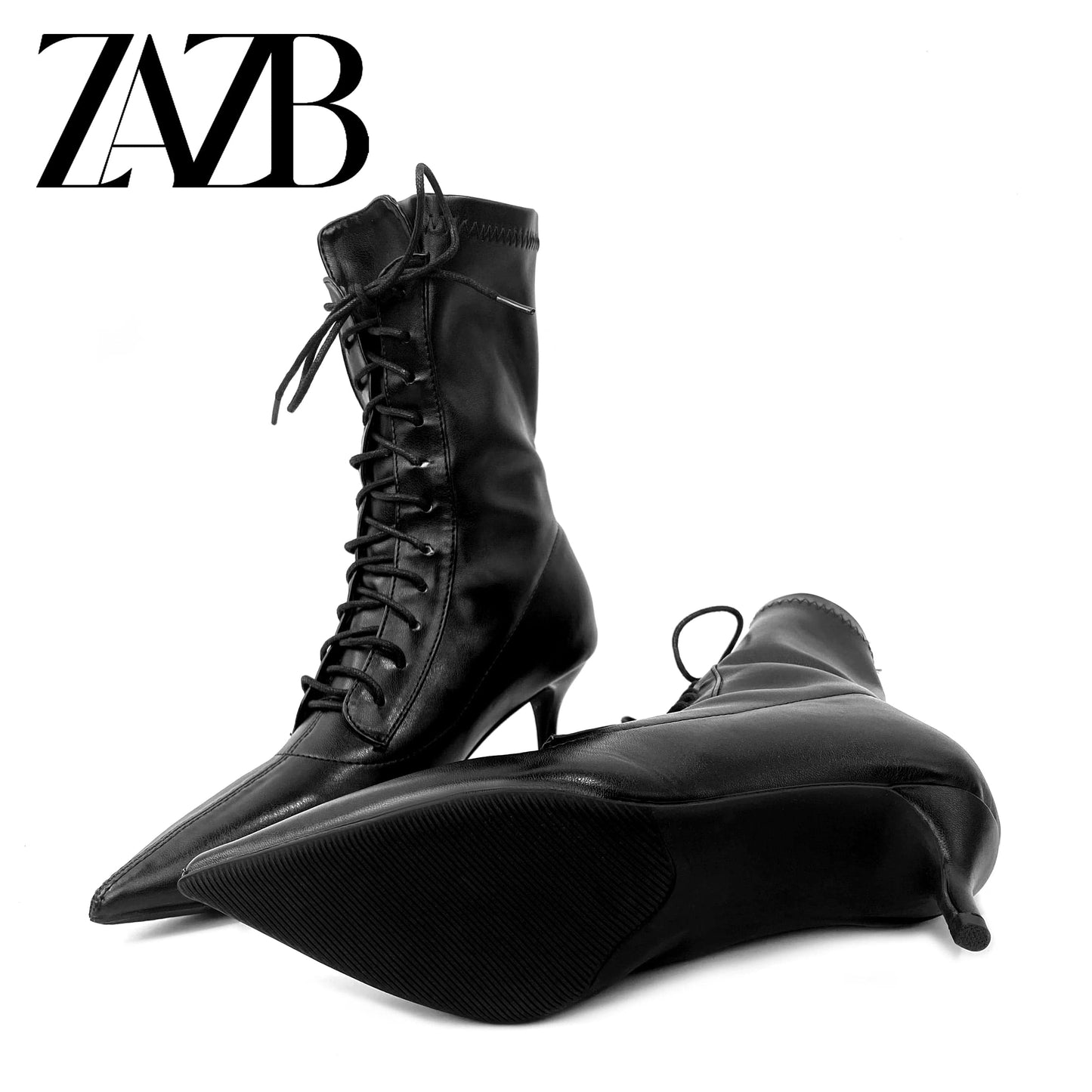 New Winter Autumn black Stiletto boot leather Pointed Toe Ladies Boots High Heels Middle cylinder Booties Women Lace up shoes