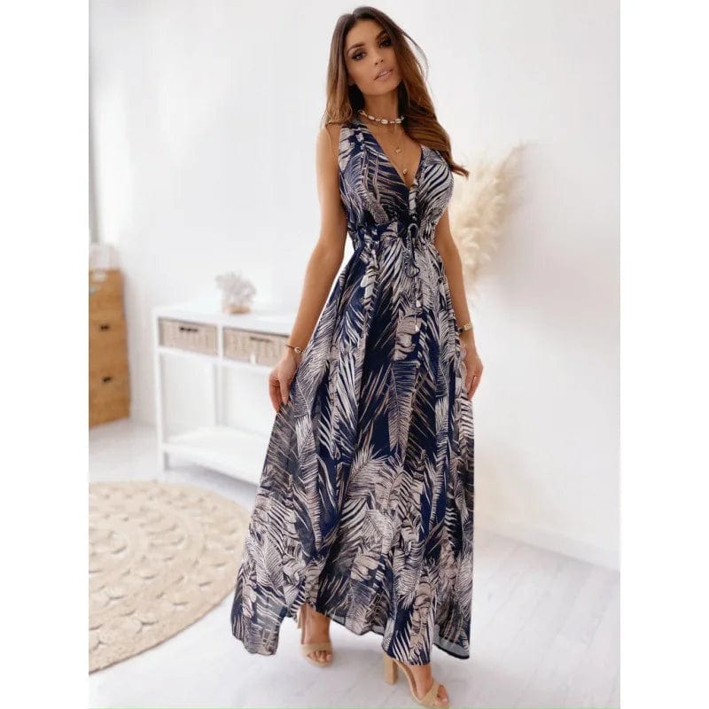 new woman clothes large size v-neck floral ladies evening dresses all-match dress new printed backless strap casual clothing