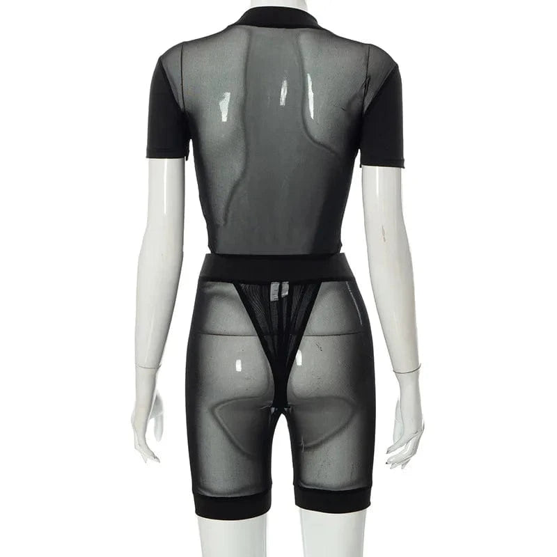 New Women 2 Piece Set Black Color Mesh See-Through Sexy Night Club Spring 2022 Shorts for Women Sets