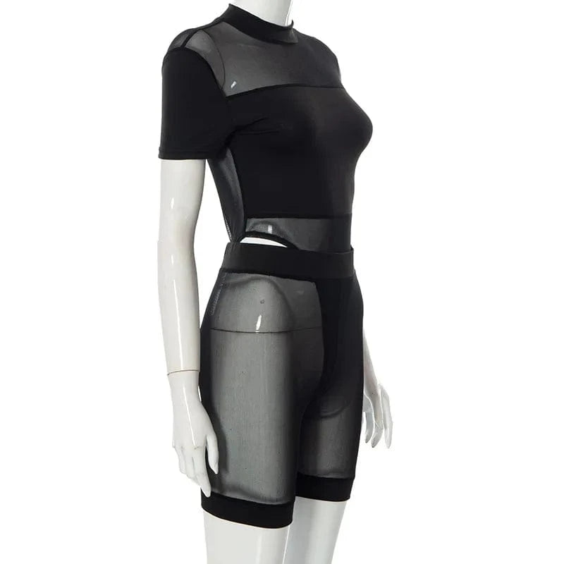 New Women 2 Piece Set Black Color Mesh See-Through Sexy Night Club Spring 2022 Shorts for Women Sets