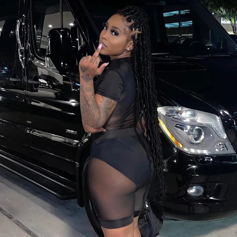 New Women 2 Piece Set Black Color Mesh See-Through Sexy Night Club Spring 2022 Shorts for Women Sets
