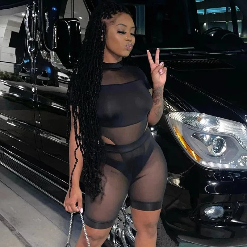 New Women 2 Piece Set Black Color Mesh See-Through Sexy Night Club Spring 2022 Shorts for Women Sets