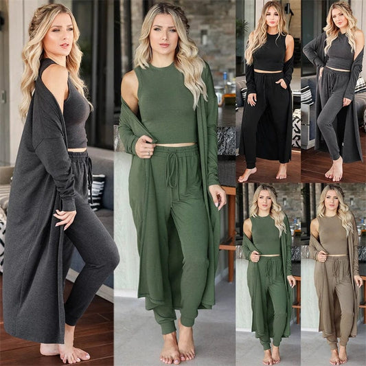 new women casual trending knit 3 piece living room cardigan and pants set outfits 2024 lounge wear clothing clothes for women