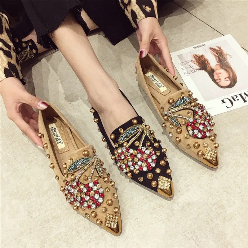 New Women Flat Shoes Rivet Cherry Shoes Rhinestone Ladies Slippers Designs Pointed Celebrity Flat Shoes Ladies Slippers