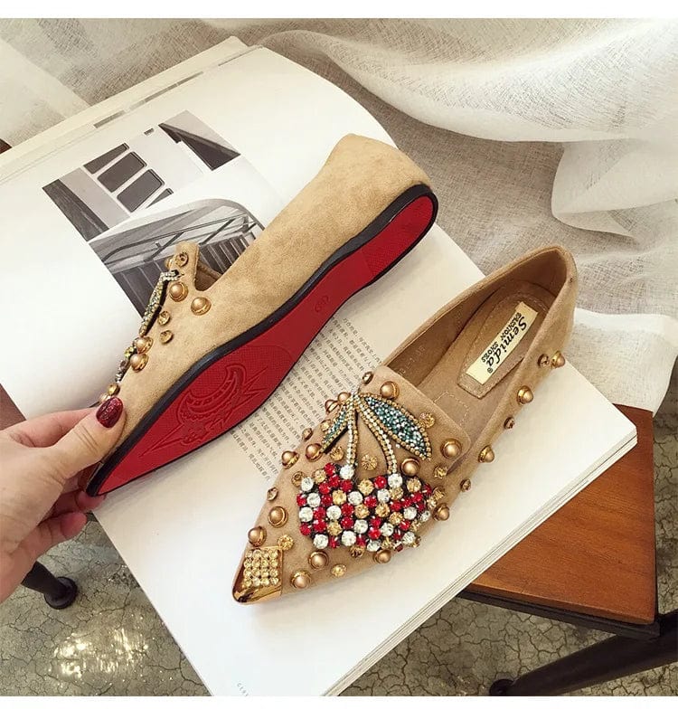 New Women Flat Shoes Rivet Cherry Shoes Rhinestone Ladies Slippers Designs Pointed Celebrity Flat Shoes Ladies Slippers