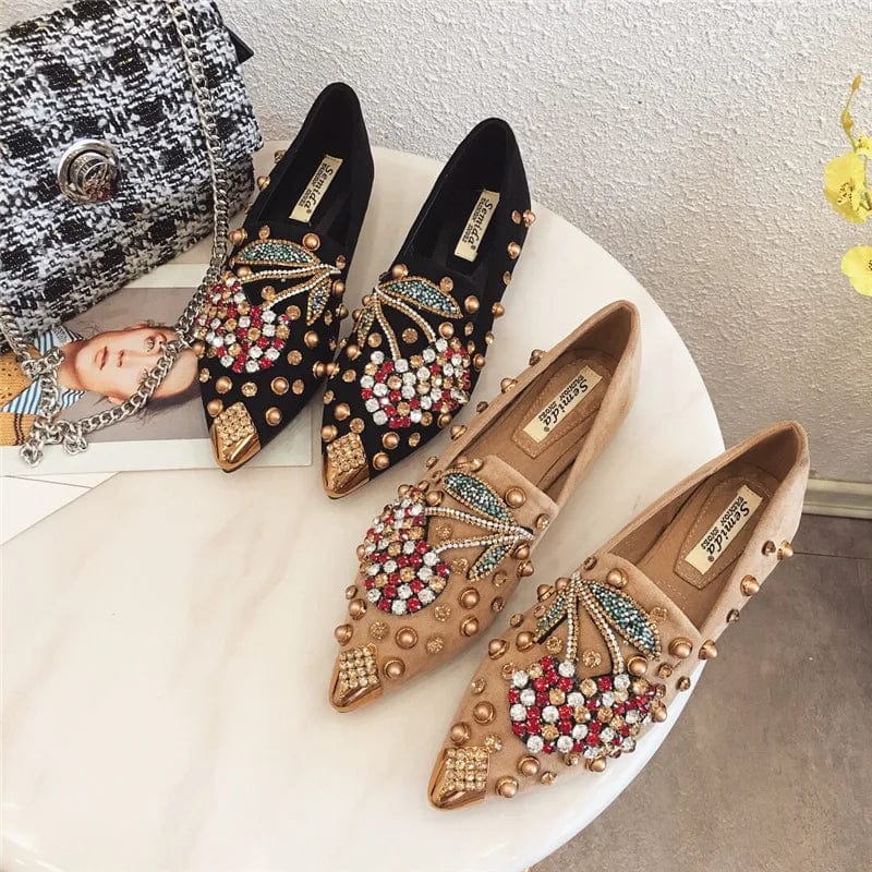 New Women Flat Shoes Rivet Cherry Shoes Rhinestone Ladies Slippers Designs Pointed Celebrity Flat Shoes Ladies Slippers