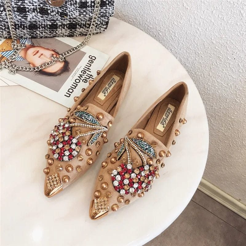New Women Flat Shoes Rivet Cherry Shoes Rhinestone Ladies Slippers Designs Pointed Celebrity Flat Shoes Ladies Slippers
