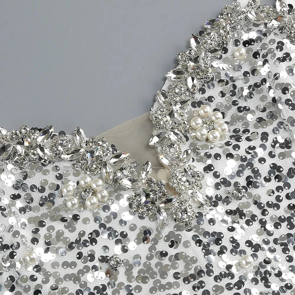 New Women Heavy Textured Evening Party Dress Luxury Socialite Style Silver Sparkle Sequin V-Neck Sexy Slim-Fit Halter Mini Dress