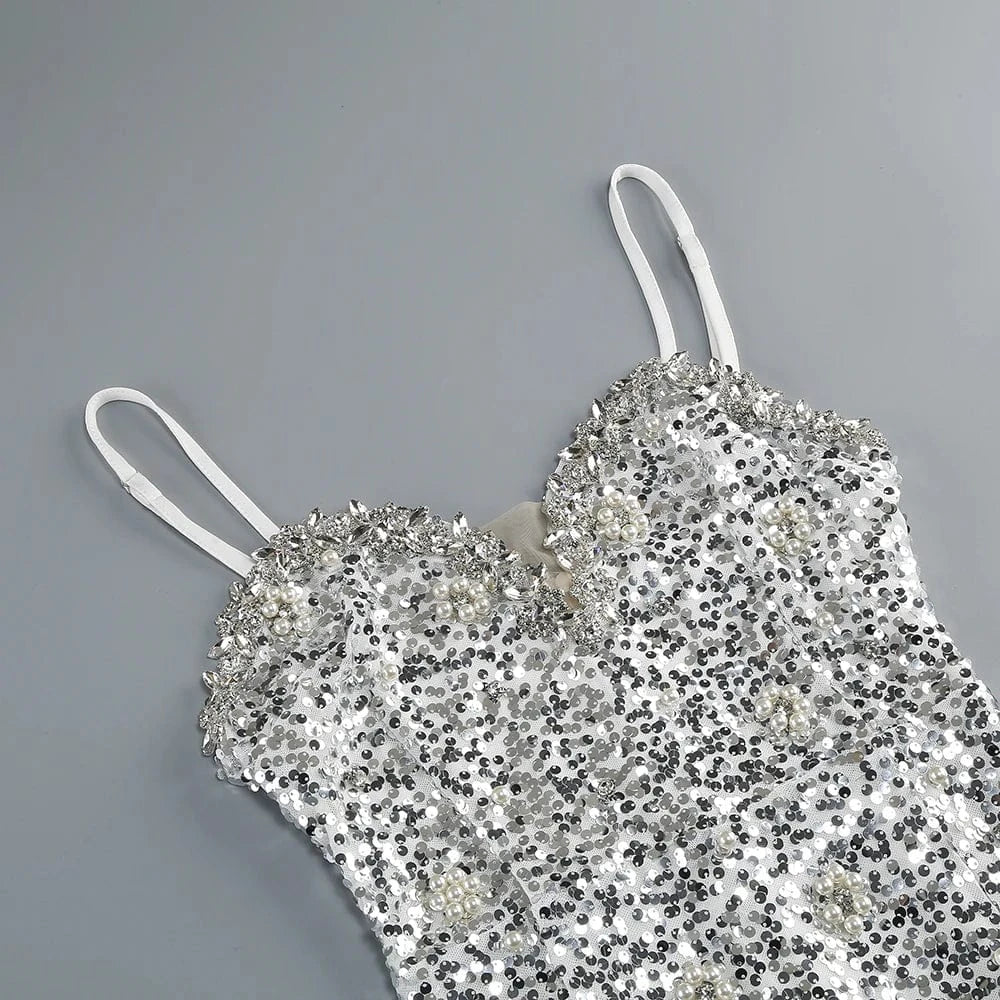 New Women Heavy Textured Evening Party Dress Luxury Socialite Style Silver Sparkle Sequin V-Neck Sexy Slim-Fit Halter Mini Dress