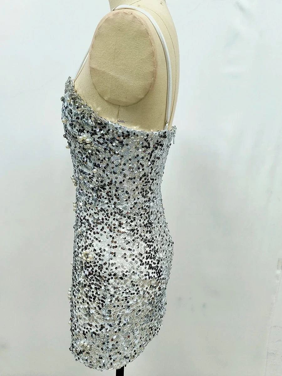 New Women Heavy Textured Evening Party Dress Luxury Socialite Style Silver Sparkle Sequin V-Neck Sexy Slim-Fit Halter Mini Dress