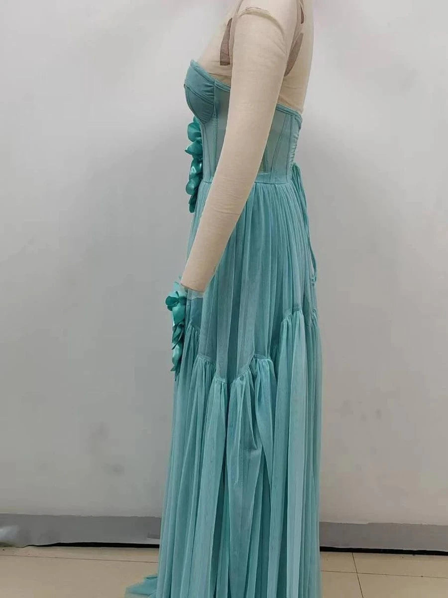 New Women's Sexy Strapless Casual Dress Holiday Style Three-Dimensional Flower Decorated Dress Floor-Length Evening Dress