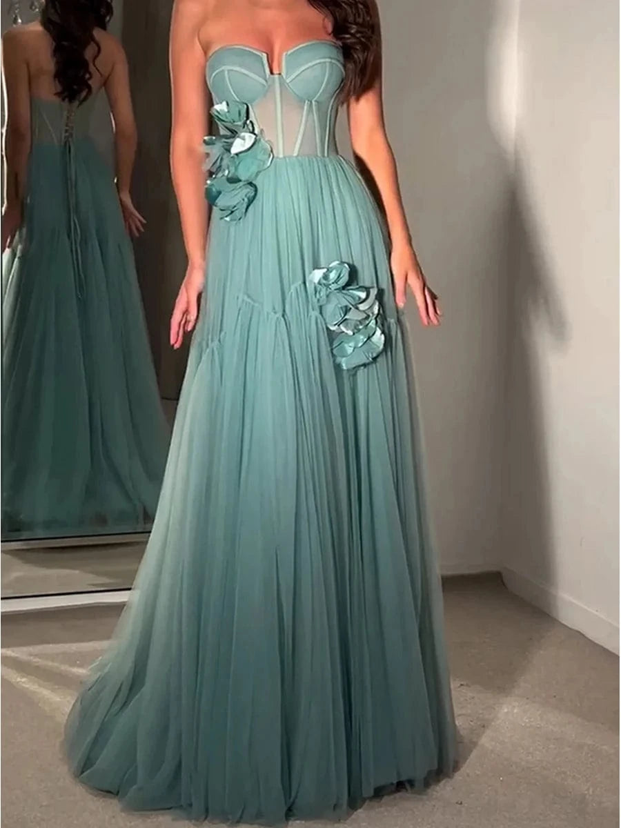 New Women's Sexy Strapless Casual Dress Holiday Style Three-Dimensional Flower Decorated Dress Floor-Length Evening Dress