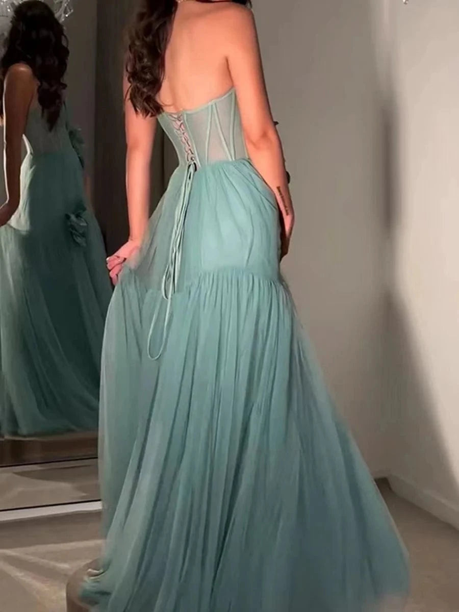 New Women's Sexy Strapless Casual Dress Holiday Style Three-Dimensional Flower Decorated Dress Floor-Length Evening Dress