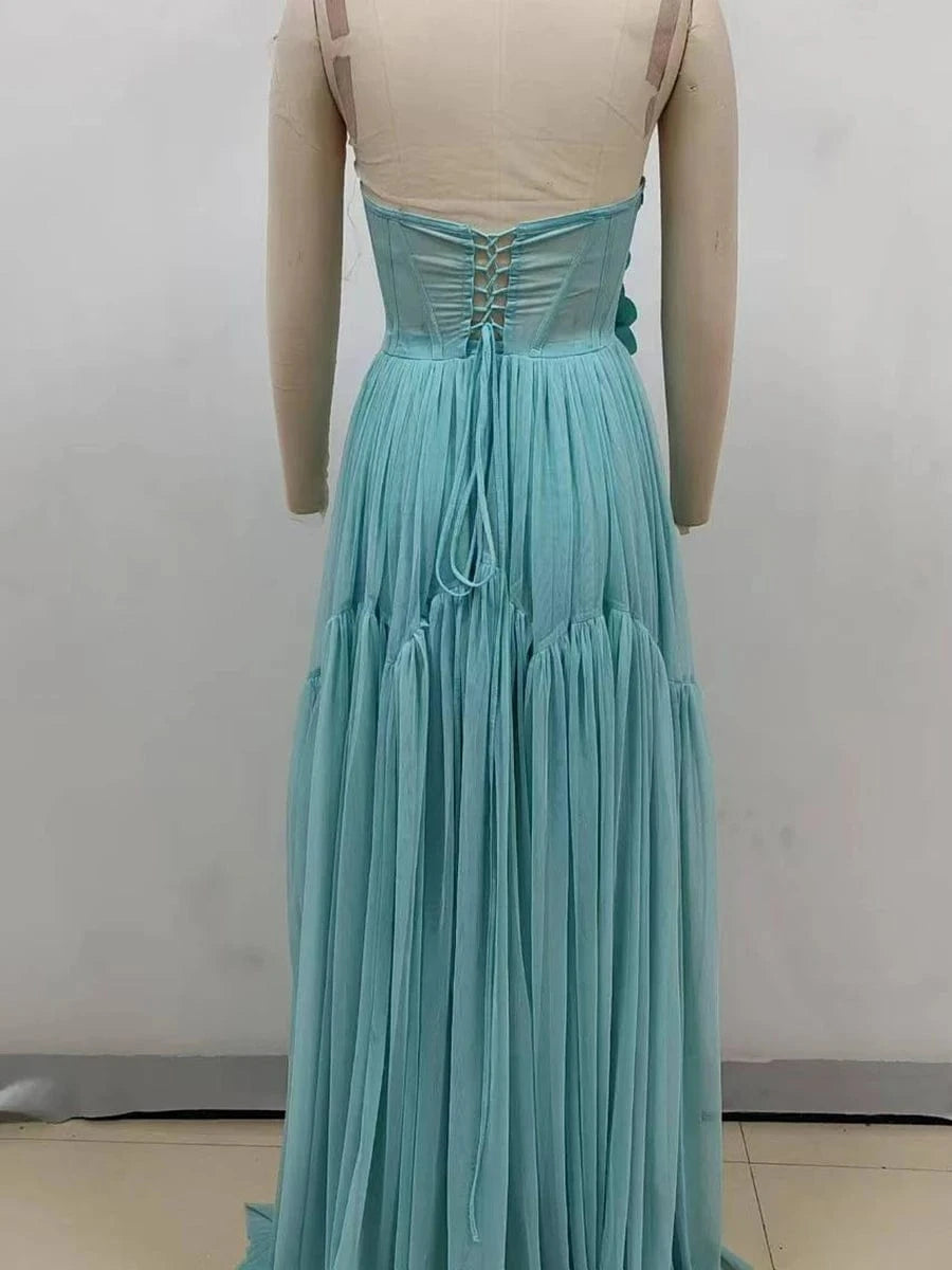 New Women's Sexy Strapless Casual Dress Holiday Style Three-Dimensional Flower Decorated Dress Floor-Length Evening Dress