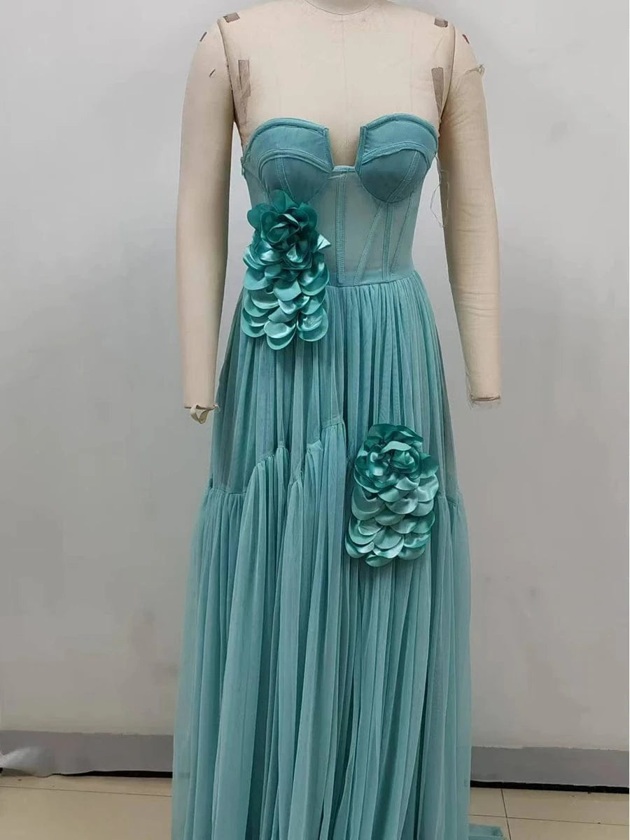 New Women's Sexy Strapless Casual Dress Holiday Style Three-Dimensional Flower Decorated Dress Floor-Length Evening Dress