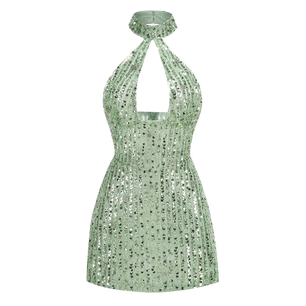 New Women's Sleeveless Halter Backless Cut out Skirt Sexy Sequin Design Dress Mini Evening Dress High Fashion Luxury Dress