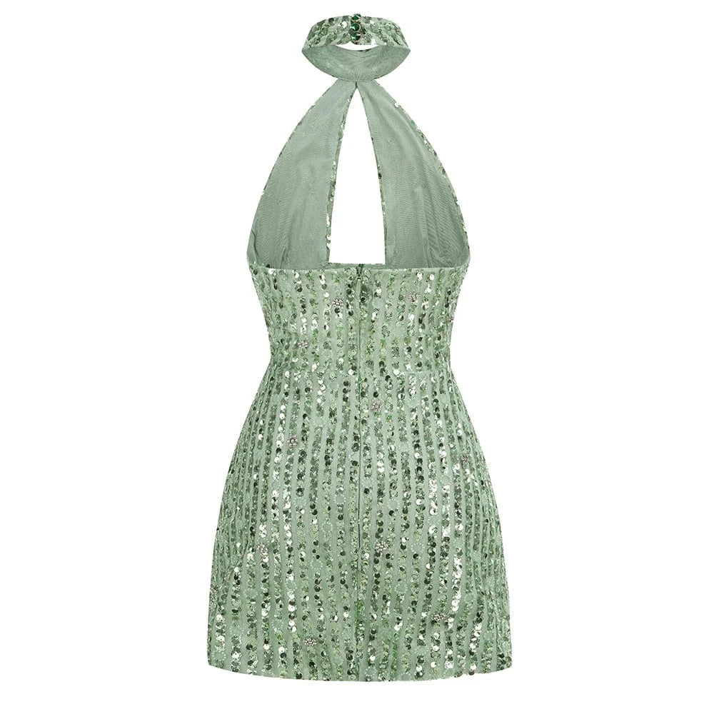 New Women's Sleeveless Halter Backless Cut out Skirt Sexy Sequin Design Dress Mini Evening Dress High Fashion Luxury Dress