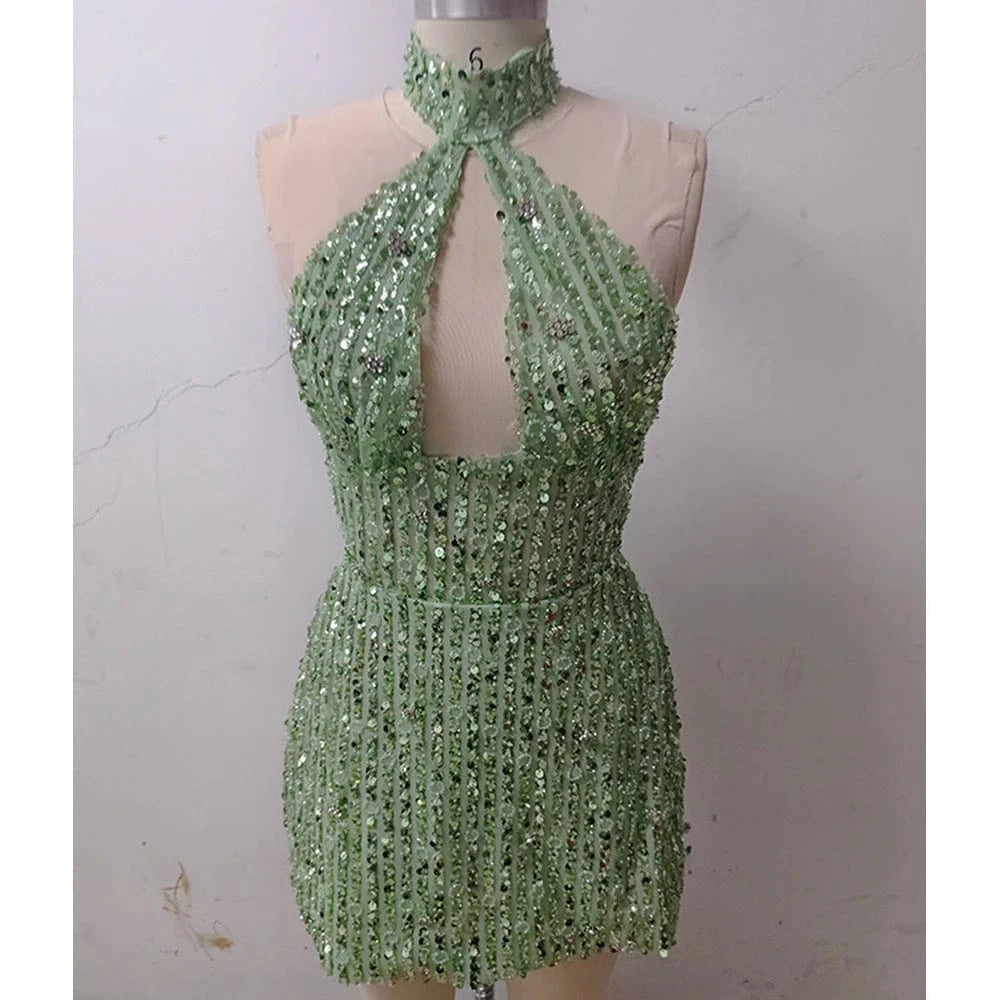 New Women's Sleeveless Halter Backless Cut out Skirt Sexy Sequin Design Dress Mini Evening Dress High Fashion Luxury Dress