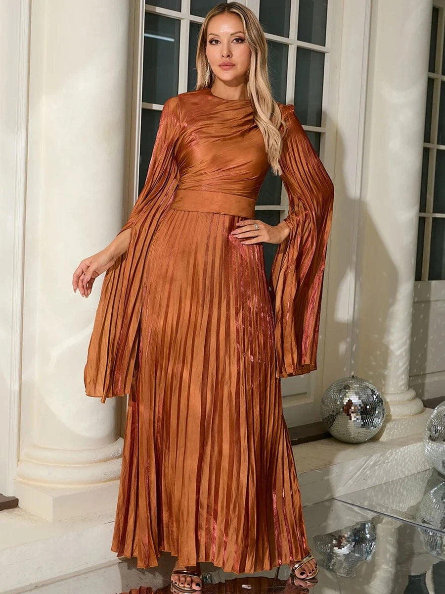 New Women's Solid Color Belted O-Neck Long Sleeve Fairy Elegant Pleated Flowy Ankle-Length Dress Luxurious Evening Party Dress