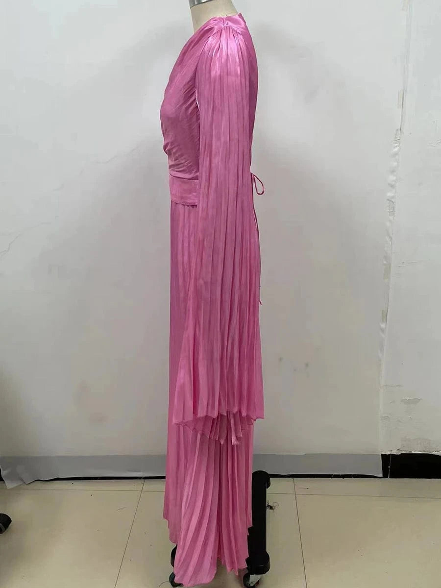 New Women's Solid Color Belted O-Neck Long Sleeve Fairy Elegant Pleated Flowy Ankle-Length Dress Luxurious Evening Party Dress
