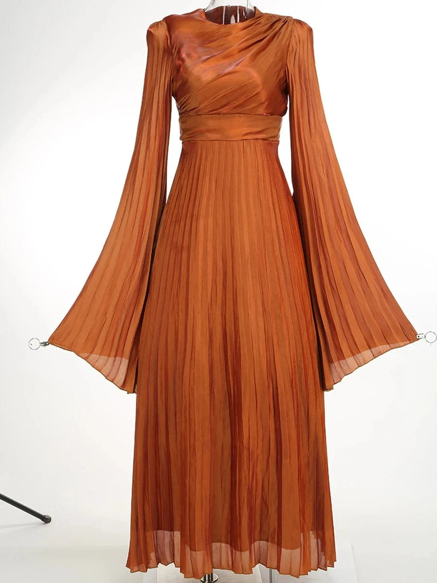New Women's Solid Color Belted O-Neck Long Sleeve Fairy Elegant Pleated Flowy Ankle-Length Dress Luxurious Evening Party Dress