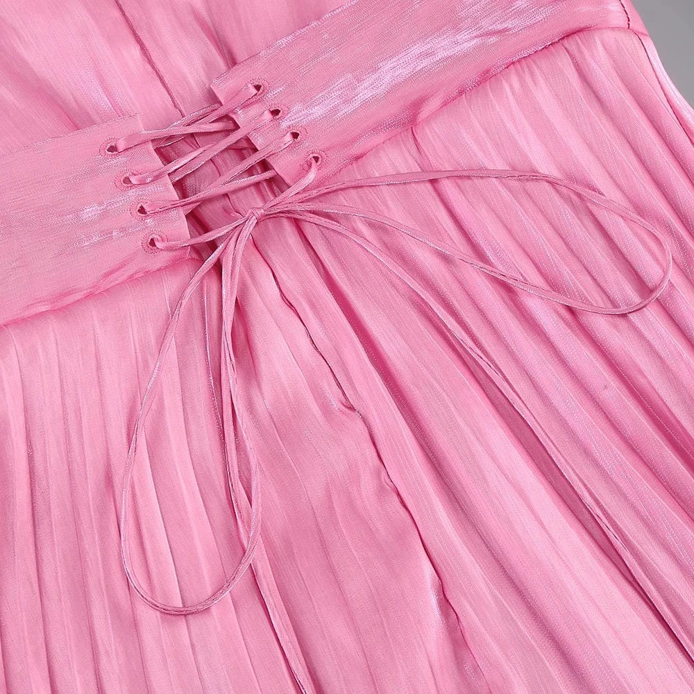 New Women's Solid Color Belted O-Neck Long Sleeve Fairy Elegant Pleated Flowy Ankle-Length Dress Luxurious Evening Party Dress