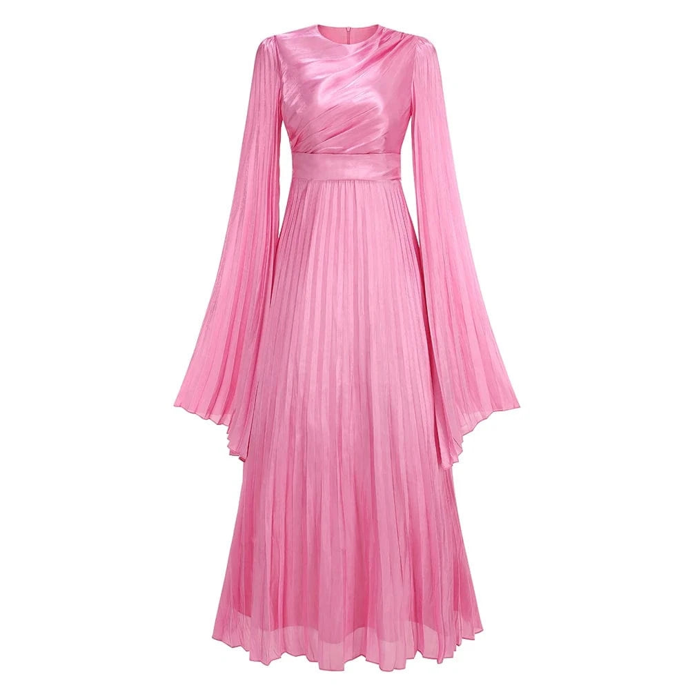 New Women's Solid Color Belted O-Neck Long Sleeve Fairy Elegant Pleated Flowy Ankle-Length Dress Luxurious Evening Party Dress